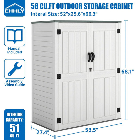 Vertical Resin Outdoor Storage Shed For Tools And Patio Gear Waterproof Garden Cabinet 386 Gallon Capacity, white cabinet with open doors.