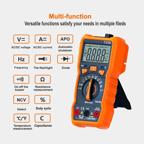 Auto Ranging Pro Grade Digital Multimeter With TRMS 6000 Counts showcasing features on orange exterior