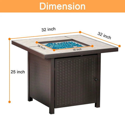 Propane Gas Fire Pit Table 32 Inch Square Outdoor Patio Brown With 50,000 BTU Stainless Steel Burner And Glass Stones dimensions