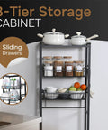 Over Toilet Storage Cabinet With Three Tier Shelves, 62-Inch Tall Black Carbon Steel Bathroom Organizer shown in kitchen