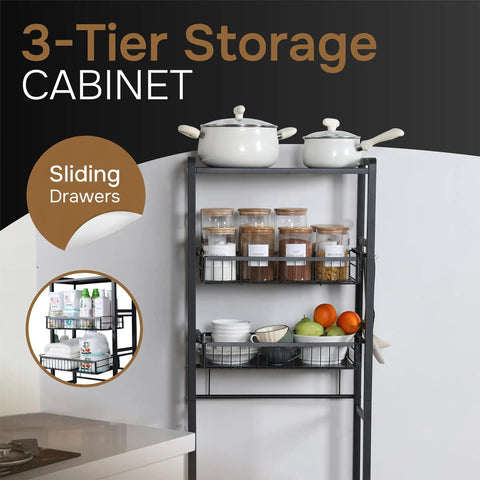 Over Toilet Storage Cabinet With Three Tier Shelves, 62-Inch Tall Black Carbon Steel Bathroom Organizer shown in kitchen