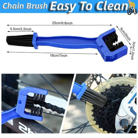 7 Piece Bike Cleaning Brush Kit For Chain And Frame showing blue chain brush used on a bike chain