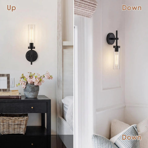 SANTOSTOCK Black Wall Sconces Set of Two, Hardwired Bathroom Vanity Sconces Wall Lighting with Clear Glass Shade, modern design on walls.