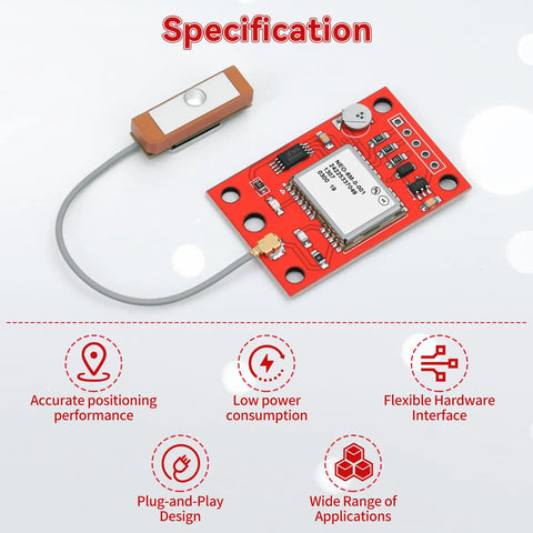 4 Pack Dual Mode GPS Module With GLONASS NEO-6M Chip, High Sensitivity -161dBm, Ceramic Antenna shown with specifications