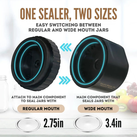All-New 2026 Electric Mason Jar Vacuum Sealer Kit showing regular and wide mouth lids for versatile jar sealing.