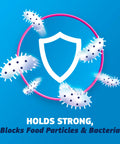 Illustration of shield blocking particles, text reads 'Holds Strong, Blocks Food Particles & Bacteria'. Complete Original Denture Adhesive Cream For All Day Hold And Comfort, 2.4 Oz, 3 Pack, Seals Out Food Between Dentures And Gums, Reduces Soreness, Dentist Recommended, Keeps Your Dentures Locked In For Full And Partial Plates.