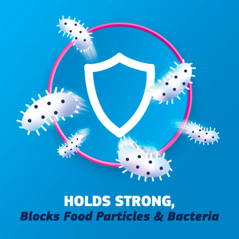 Illustration of shield blocking particles, text reads 'Holds Strong, Blocks Food Particles & Bacteria'. Complete Original Denture Adhesive Cream For All Day Hold And Comfort, 2.4 Oz, 3 Pack, Seals Out Food Between Dentures And Gums, Reduces Soreness, Dentist Recommended, Keeps Your Dentures Locked In For Full And Partial Plates.