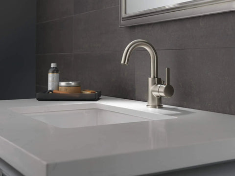 Precept Single Hole Bathroom Faucet in Brushed Nickel Finish with easy install on modern sink, single handle design visible.