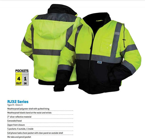 Waterproof Class 3 Hi Vis Lime Fleece Bomber Safety Jacket With Detachable Hood, 5 Pockets, 2 Inch Reflective Tape, Front and Back View
