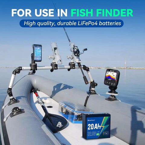 12V 20Ah LiFePO4 Deep Cycle Battery Rechargeable 5000 Plus Cycles With 20A BMS powering fish finder on boat