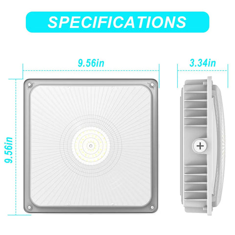 Specifications of 50W Canopy Light Outdoor Hella Bright 6500LM Daylight 5000K IP65 Waterproof Carport Ceiling Fixture 9.56x3.34in size