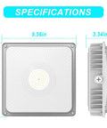 Super Bright 45W Outdoor Canopy Light 5000K Daylight, 5850 Lumens, IP65 Waterproof dimensions 9.56x9.56x3.34 inches