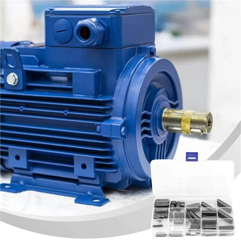 Electric motor with attached carbon steel Woodruff Key Stock Assortment In Carbon Steel For Round Ended Feather Keys Parallel Drive And Square Shaft Keyways For Fasteners In Mechanical Industry 180 Pieces Easy Install Pro Grade Shop Ready.