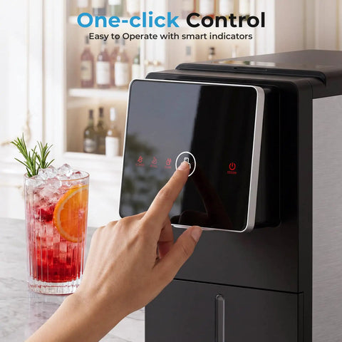 Slick Countertop Nugget Ice Maker With Self Dispensing Tray drops thirty three pounds of fresh chewy ice daily with one-click control.