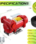 Heavy Duty Portable 110V Fuel Transfer Pump With Manual Nozzle For Gas Diesel Kerosene Biodiesel And More Self Priming 10 GPM Oil Transfer Pump showing dimensions and specifications.