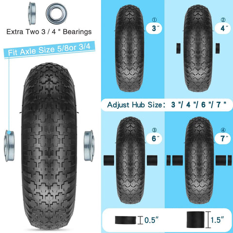 Image showing 14.5 Inch Flat Free Solid Tire And Wheel For Yard Cart Garden Wagon with hub adjustment options and included bearings.