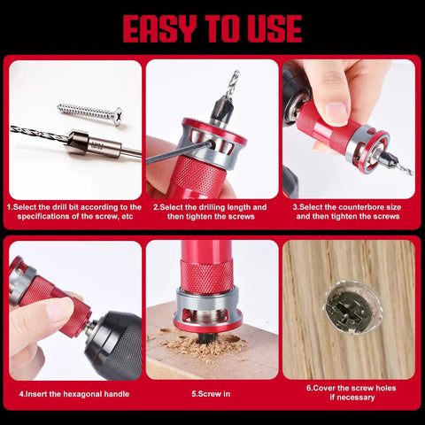 Instructions for Tough As Nails TCT Alloy Countersink Drill Bit Set With Adjustable Depth Stop Collar for easy woodworking tasks.