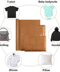Three Size Heat Press Pillow Bundle With One Transfer Paper And Two Rolls Of Heat Resistant Tape For T Shirts Iron On And Screen Printing DIY Coffee Edition with various garments shown.
