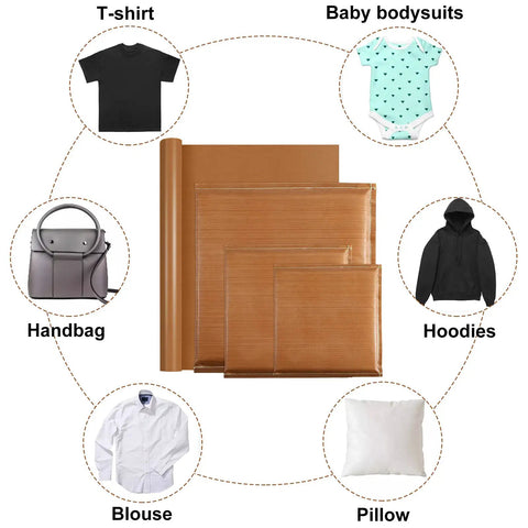 Three Size Heat Press Pillow Bundle With One Transfer Paper And Two Rolls Of Heat Resistant Tape For T Shirts Iron On And Screen Printing DIY Coffee Edition with various garments shown.