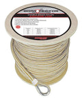 Heavy Duty Double Braid Nylon Anchor Line For Boating 5/8 Inch By 300 Feet With Corrosion Resistant Stainless Steel Thimble shown on spool.