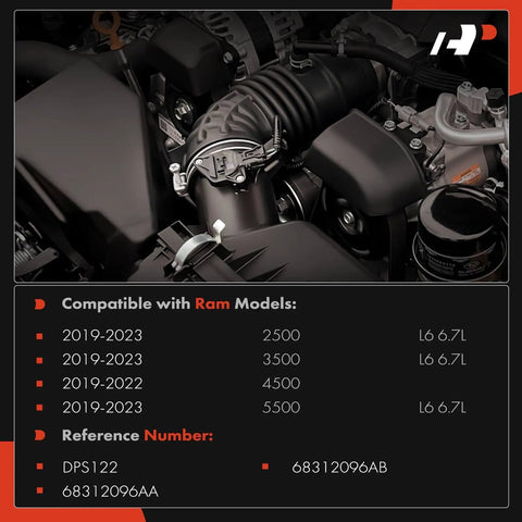 Diesel Particulate Filter Pressure Sensor For Ram Trucks 2019 To 2023 6.7L Cummins OEM Grade 2500 3500 4500 5500 Dps122 68312096AA 68312096AB Black 4 Pin Blade Connector installed in Ram engine bay