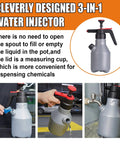 3-in-1 water injector with measuring cup lid, designed for dispensing chemicals efficiently, part of Heavy Duty Two Liter Hand Pump Foam Sprayer For Car Washing And Mobile Detailing Built From Tough As Nails Plastic And Chemical Resistant Valves For Quick And Easy Rinse Off.