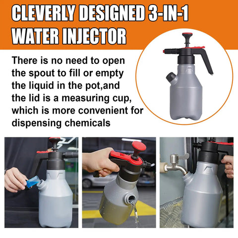 3-in-1 water injector with measuring cup lid, designed for dispensing chemicals efficiently, part of Heavy Duty Two Liter Hand Pump Foam Sprayer For Car Washing And Mobile Detailing Built From Tough As Nails Plastic And Chemical Resistant Valves For Quick And Easy Rinse Off.