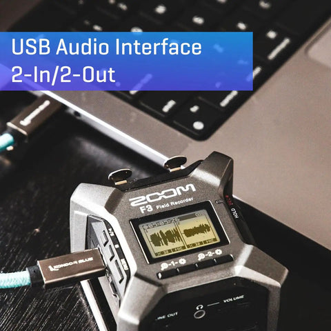 Professional Field Recorder For Filmmakers And Musicians with Two Locking XLR and TRS Inputs connected to laptop on desk
