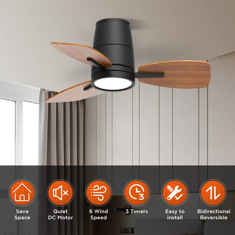 30 Inch Ceiling Fan With Lights And Remote Control, Quiet DC Motor, showing reversible blades and LED light.