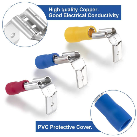 All In One Quick Disconnect Piggyback Spade Connector Kit For 22 10 AWG Wires, showing semi-insulated terminals, copper detail.