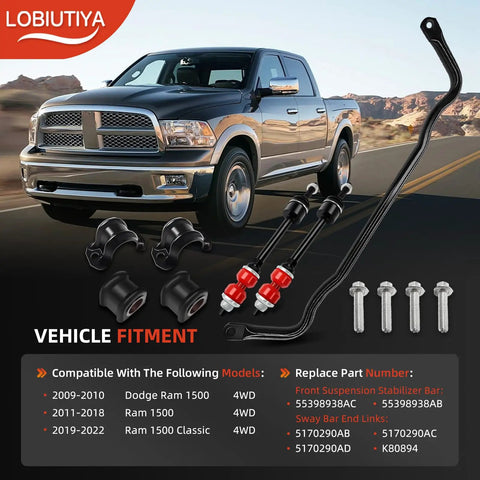 Front Sway Bar Kit 36mm with PU End Links for Ram 1500 4WD 2009-2022 Includes Bushings, Retainers and End Links for a Beefed-Up Ride and Tighter Handling Fits Dodge Ram Classic 1500 2019-2022 Suspension Upgrade.