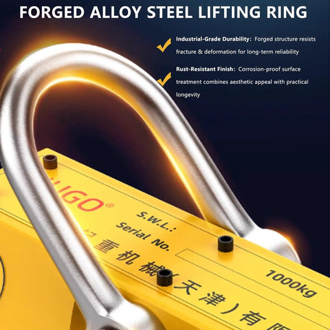 Heavy Duty Permanent Magnetic Lifter With Alloy Steel Hook 4400 Lbs Plate Lift Magnet for Hoist, showing forged steel lifting ring.