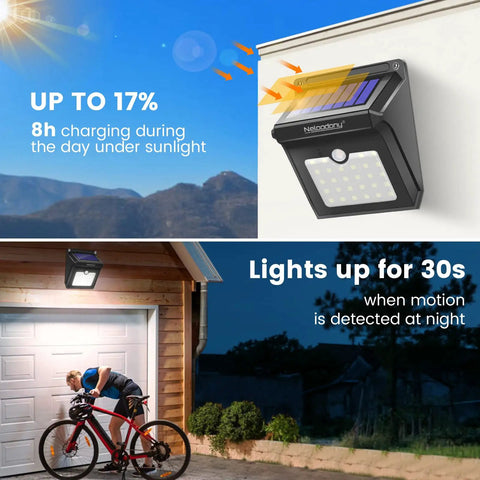 Solar Motion Sensor Security Lights Outdoor Wall Mount Waterproof Wireless 28 LED 4 Pack For Garden Backyard Back Door Steps Fence Deck Yard Driveway No Fuss Install All Weather Illumination
