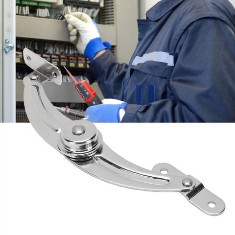 Left Door Card Limiter Adjustable Stainless Steel Cabinet Stop shown with electrical setup, tool-free install.