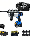 Heavy Duty 21V Brushless Wire Tugger With 6 Wheel Drive Pulling Force Fish Tape Tool, cordless with two batteries and accessories.