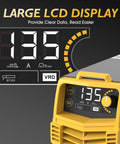 LCD display of Garage Ready Bang-For-Your-Buck 135A Stick And Lift TIG Arc Welder, showing settings and controls, close-up view