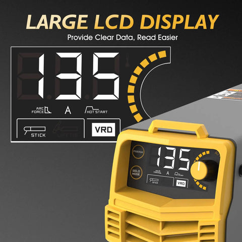 LCD display of Garage Ready Bang-For-Your-Buck 135A Stick And Lift TIG Arc Welder, showing settings and controls, close-up view