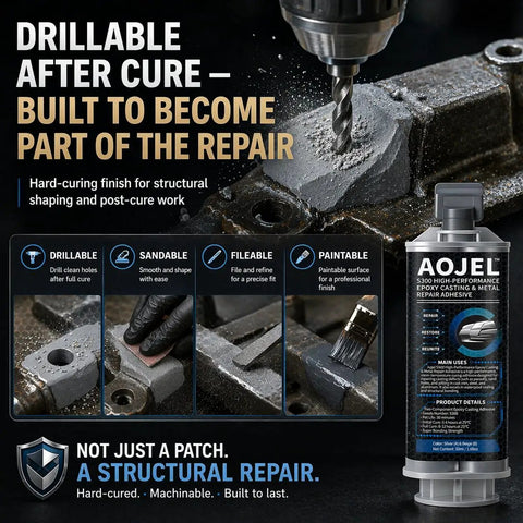 Heavy Duty Metal Epoxy For Structural Repair That Holds Brackets Housings Frames And Tools On Metal And Aluminum Load Bearing Waterproof And Heat Resistant To 392F Drillable After Cure 1.69 Oz displayed with usage examples and product packaging.
