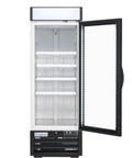 Rock Solid 27 Inch Reach In Freezer With One Swing Glass Door Merchandiser Boasts 19.2 Cubic Feet Of Serious Cold Storage. White stainless steel exterior with open door and shelves.