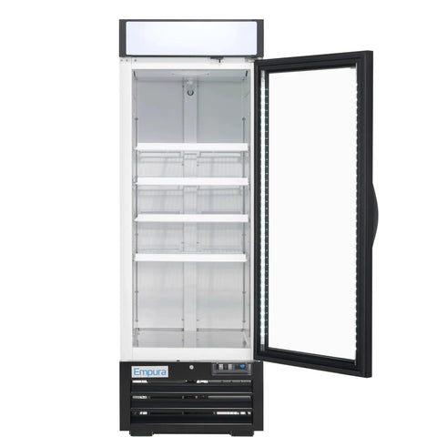 Rock Solid 27 Inch Reach In Freezer With One Swing Glass Door Merchandiser Boasts 19.2 Cubic Feet Of Serious Cold Storage. White stainless steel exterior with open door and shelves.