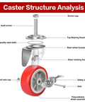 Detailed diagram of Heavy Duty Stem Casters With Brakes Swivel Wheels Set Of Four Locking Threaded Stem Casters Three Eighths Inch 16 UNC By One And One Half Inch For High Load Capacity Up To 600 Lbs Durable Steel Housing And Side Locking Brake.