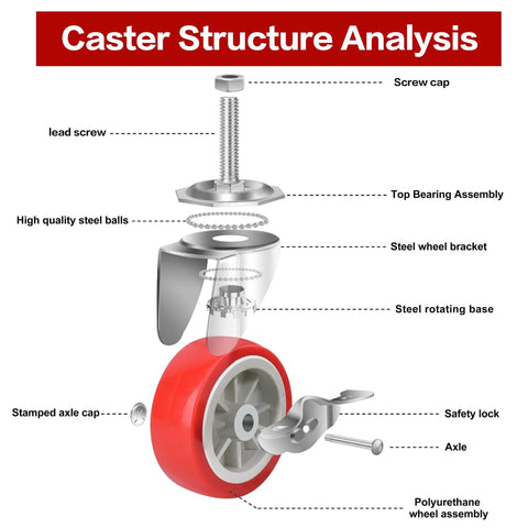 Detailed diagram of Heavy Duty Stem Casters With Brakes Swivel Wheels Set Of Four Locking Threaded Stem Casters Three Eighths Inch 16 UNC By One And One Half Inch For High Load Capacity Up To 600 Lbs Durable Steel Housing And Side Locking Brake.