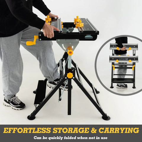 Portable Folding Workbench With Vise And Eight Sliding Clamps Seven Level Height Adjustments Tiltable Extendable Tabletop