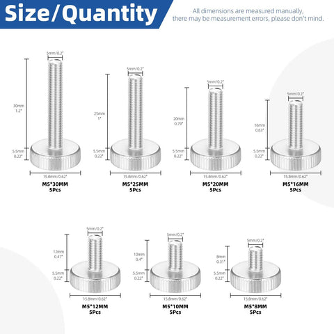 35 Piece M5 Thumb Screw Kit With Knurled Round Heads In 8 10 12 16 20 25 30mm, flat knurled head bolts shown with measurements