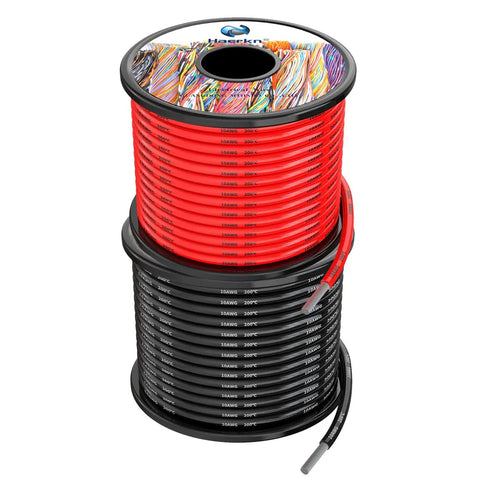10 AWG Silicone Electrical Wire Pro Grade 50 Feet Kit With 25 Ft Black And 25 Ft Red Soft Flexible Hook Up Cable Oxygen Free Stranded Tinned Copper Battery Wire 600V High Temperature Rated Minus Sixty To Two Hundred Celsius showing two spools of red and black wire.