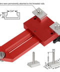 Red aluminum extended thin rip jig for table saws and router tables with anodized finish, sliding tenon, adjustable locks.