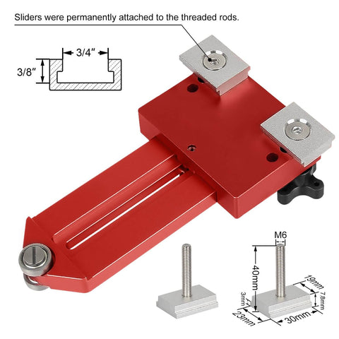 Red aluminum extended thin rip jig for table saws and router tables with anodized finish, sliding tenon, adjustable locks.