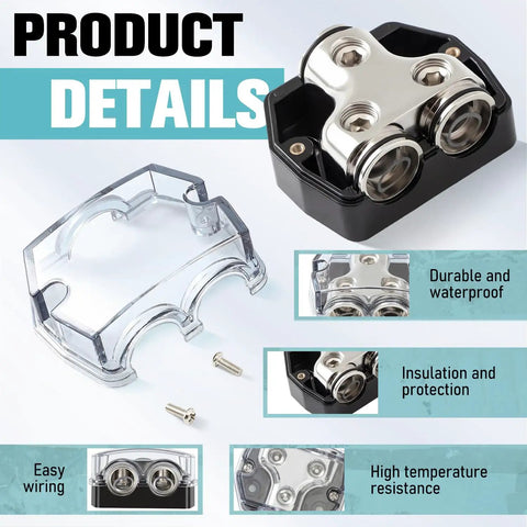 2 Pack 0 Gauge Ground Distribution Block For Car And Boat Audio Systems With 2 Way In Out Amp Block Circuit Protector And High Thermal Conductivity Alloy Power Ground Splitter, with clear cover