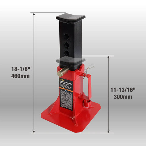 Beefy Heavy Duty Pin Type Jack Stands With Lock, 12 Ton Capacity, 26,400 Lb Pair, Red, Adjustable Height From 12 5/8 In To 18 1/8 In