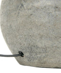 Close-up of Round Terracotta Table Lamp With Canvas Shade In Distressed Grey Finish, showing cable outlet in terracotta base.
